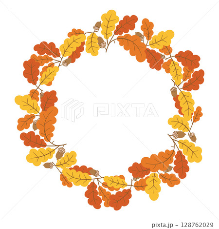 Wreath illustration made of autumn oak leaves and acorns in warm orange and yellow tones 128762029