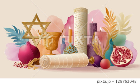 Colorful symbolic illustration with Star of David, Torah scroll, candles, pomegranates and goblets on a watercolor background 128762048