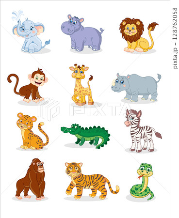 wild african animals set in children's cartoon style zebra lion snake cheetah giraffe elephant monkey hippopotamus zebra wild african animals set in children's cartoon style zebra lion snake cheetah giraffe elephant monkey hippopotamus zebra 128762058