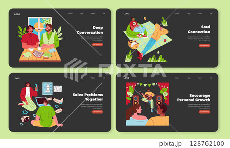 Vector illustration depicting various social interactions. Scenes include conversations at a table, leisure time on a blanket, teamwork with gadgets, and enjoying music. Vibrant and diverse settings. 128762100