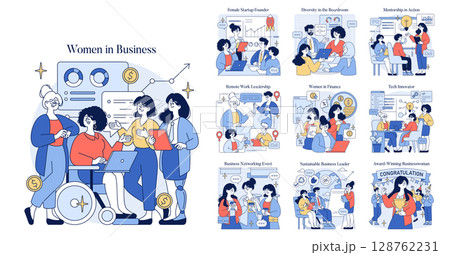 Colorful vector illustration showcasing diverse women in various business roles, including startup founder, finance leader, and tech innovator. Highlights teamwork, mentorship, and success. Colorful vector illustration showcasing diverse women in various business roles, including startup founder, finance leader, and tech innovator. Highlights teamwork, mentorship, and success. 128762231