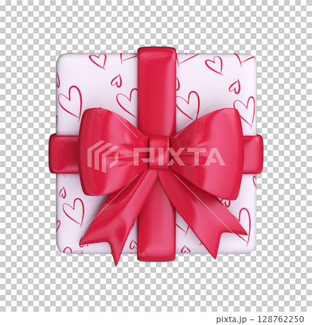 Valentine's Day Gift 3D. Illustration of a gift with a red bow, top view Valentine's Day Gift 3D. Illustration of a gift with a red bow, top view 128762250