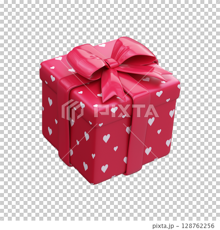 Red gift box with hearts for Valentine's Day or wedding, 3D symbol 128762256
