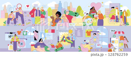 Diverse group of characters in a colorful fashion and sustainability-themed vector illustration. Scenes depict eco-friendly shopping, body positivity, and digital fashion trends in an urban setting. 128762259