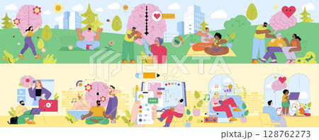 Colorful vector illustration depicting people engaging in various mindful activities and social interactions, promoting mental wellness, connection, and harmony in a vibrant setting. Colorful vector illustration depicting people engaging in various mindful activities and social interactions, promoting mental wellness, connection, and harmony in a vibrant setting. 128762273