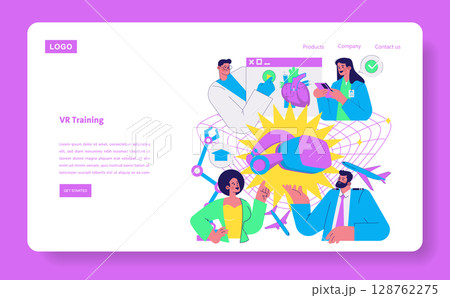 Vector illustration showing people engaged in virtual reality training for medical applications. Illustrates diverse professionals interacting with VR technology and digital tools. 128762275