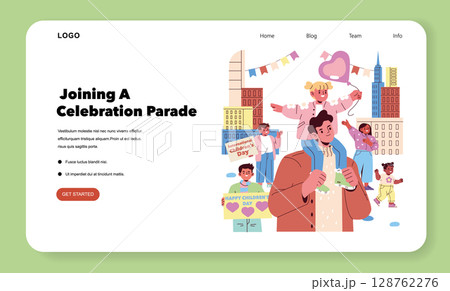 Vector illustration shows families and children enjoying a Children's Day parade. Smiling kids with balloons and signs express joy alongside happy adults, highlighting community spirit. 128762276