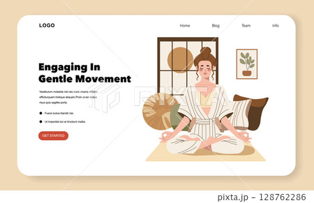 Vector illustration of a woman meditating in a tranquil home environment. The person sits cross-legged with a serene expression, surrounded by cushions and decor. 128762286