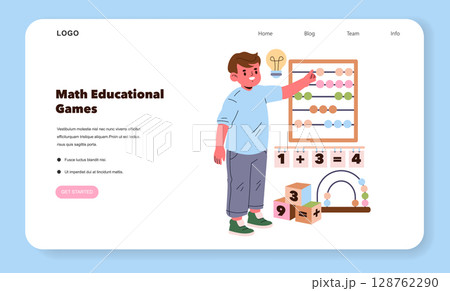 Vector illustration of a child interacting with math educational games, featuring an abacus and counting blocks, emphasizing learning through playful activities in a digital format. 128762290