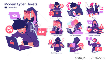 Modern vector illustration depicting various cyber threats such as ransomware, phishing, and spyware. Characters engage in hacking activities with digital elements highlighting cybersecurity risks. 128762297