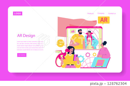 Vector illustration of an AR design concept featuring diverse characters interacting through digital devices. Engaging elements like emojis, gears, and digital graphics highlight creativity. 128762304