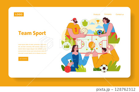 Cartoon illustration of a diverse group engaged in a sports strategy meeting around a digital board. Characters focus collaboratively, sharing ideas and planning team strategies. 128762312