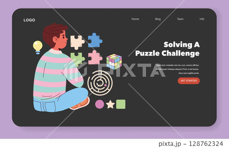 Vector illustration of a child facing a puzzle challenge with various puzzle pieces, a Rubik's cube, and a labyrinth. Engaged in problem-solving activities. 128762324