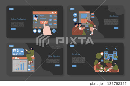 College Choice set. Journey from application to enrollment, making final decisions, maintaining social ties. Illustrated educational steps in a modern style. College Choice set. Journey from application to enrollment, making final decisions, maintaining social ties. Illustrated educational steps in a modern style. 128762325