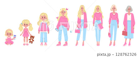 Vector illustration depicting female character growth stages from toddler to elderly, highlighting style and fashion changes. Characters express different life phases emotionally. 128762326