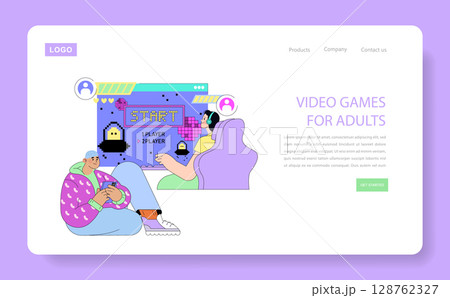 Vector illustration of two adults engaged in a multiplayer video game session. One person is sitting with a gaming controller, while the other is focused on the screen, ready to start the game. 128762327