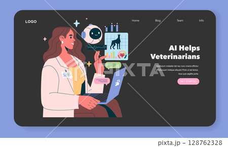 AI Vet Consultant illustration. A veterinarian interacts with AI technology to enhance pet healthcare. It showcases innovative tools for diagnostics and communication, revolutionizing veterinary 128762328
