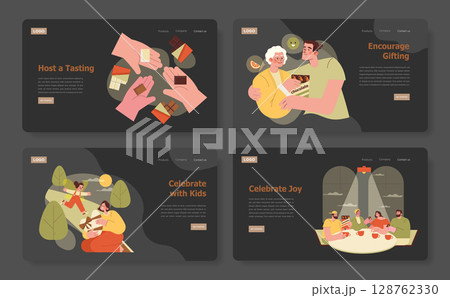 Vector illustration depicting various celebration themes. Includes gifting, family bonding, and joyful gatherings. Scenes emphasize shared moments and positive emotions. 128762330