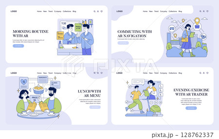 Vector illustration depicting daily activities enhanced by AR technology including morning routine, commuting, lunch, and exercise. Engaging visual themes of augmented reality in everyday life. 128762337