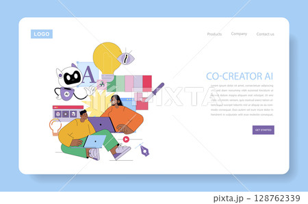 Vector illustration of a diverse team collaborating with AI technology. Two people work on laptops, surrounded by tech elements, showcasing innovation and teamwork in a creative setting. 128762339