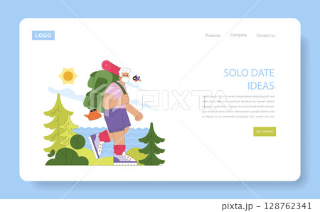 Elderly man hiking solo with a backpack, appearing content and adventurous. Vector illustration shows vibrant outdoor scenery with trees, sun, and a bird. Elderly man hiking solo with a backpack, appearing content and adventurous. Vector illustration shows vibrant outdoor scenery with trees, sun, and a bird. 128762341