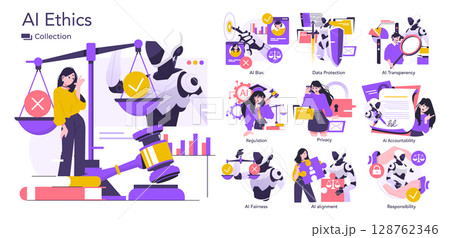 Vector illustration set depicting AI ethics concepts like bias, transparency, and responsibility. Shows human and robot elements balancing ethical and legal considerations. 128762346