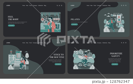 Set of vector illustrations depicting various lifestyle and wellness themes. Includes scenes of a person using technology for fitness tracking, practicing pilates, and prioritizing safety while 128762347