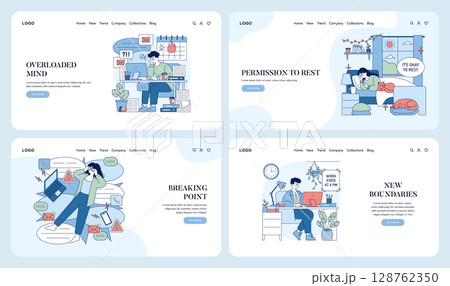 Four vector illustrations depicting work-life balance challenges. Scenes show individuals overwhelmed by tasks, seeking permission to rest, reaching breaking points, and setting new boundaries. Four vector illustrations depicting work-life balance challenges. Scenes show individuals overwhelmed by tasks, seeking permission to rest, reaching breaking points, and setting new boundaries. 128762350