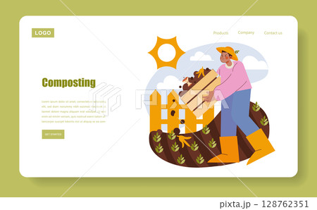 Horticulture concept. Farmer spreading compost in a garden with bright sunlight and green seedlings growing in prepared soil. Sustainable agriculture and eco-friendly gardening method. Vector Horticulture concept. Farmer spreading compost in a garden with bright sunlight and green seedlings growing in prepared soil. Sustainable agriculture and eco-friendly gardening method. Vector 128762351