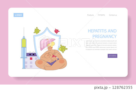 Vector illustration of a mother breastfeeding her baby, shielded from hepatitis virus symbols, highlighting maternal protection and healthcare themes. Medical context emphasized. 128762355