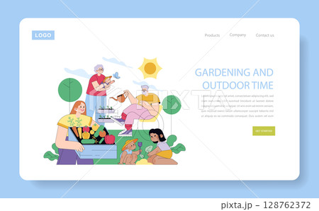 Cheerful multigenerational family enjoys gardening together outdoors under sunny weather. Adults help with plants, children play with shovels, creating joyful moments. Cheerful multigenerational family enjoys gardening together outdoors under sunny weather. Adults help with plants, children play with shovels, creating joyful moments. 128762372