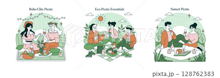 Vector illustrations of three picnic themes. Boho Chic features two friends enjoying food and drinks. Eco Picnic shows friends with eco-friendly items. Sunset Picnic captures a couple relaxing at dusk Vector illustrations of three picnic themes. Boho Chic features two friends enjoying food and drinks. Eco Picnic shows friends with eco-friendly items. Sunset Picnic captures a couple relaxing at dusk 128762383