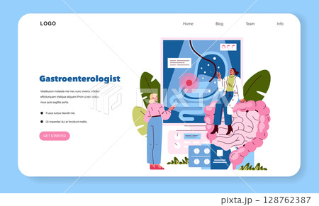 Vector illustration of a gastroenterologist consulting with a patient using a digestive system diagram. The doctor discusses health with a focus on gastroenterology. 128762387