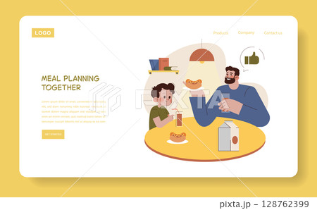 Vector illustration of a father and son enjoying a meal at the table. The father smiles while holding a hotdog, and the boy sips a drink. The scene conveys warmth and family bonding. Vector illustration of a father and son enjoying a meal at the table. The father smiles while holding a hotdog, and the boy sips a drink. The scene conveys warmth and family bonding. 128762399