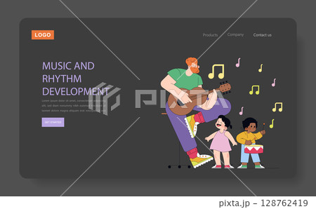 Vector illustration of a man playing guitar and two children singing and playing percussion, showcasing joy in music development. Colorful musical notes surround the joyful scene. 128762419