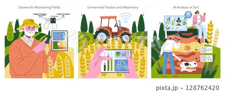 Vector illustration depicting advanced farming technologies including drones for monitoring fields, unmanned tractors and AI analysis of soil. Modern agriculture innovation concept. 128762420