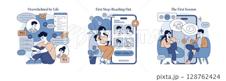 Set of vector illustrations depicting moments in a therapy journey. Shows a person feeling overwhelmed, initiating online therapy, and engaging in a counseling session for emotional support. Set of vector illustrations depicting moments in a therapy journey. Shows a person feeling overwhelmed, initiating online therapy, and engaging in a counseling session for emotional support. 128762424