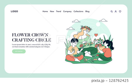 Vector illustration of a group making flower crowns in a circle. Features smiling friends engaged in a crafting session surrounded by plants and flowers. Promotes creativity and friendship. 128762425
