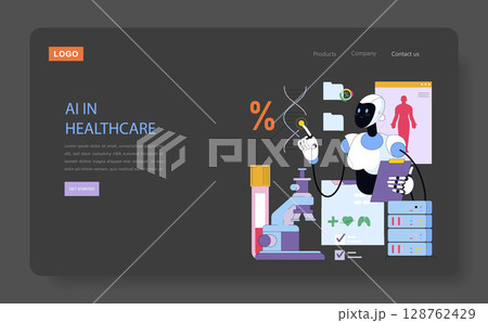 Vector illustration of AI in healthcare, depicting a robot interacting with medical tools and data. Highlights innovation in medical technology with futuristic elements. 128762429