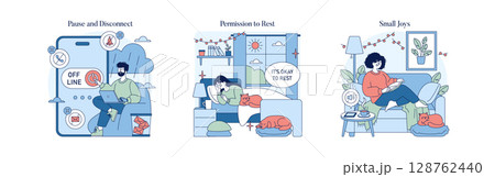 Vector illustration showing three scenarios of relaxation and digital detox. A person goes offline on a device, another relaxes with a pet, and another enjoys a cozy moment with a book. Vector illustration showing three scenarios of relaxation and digital detox. A person goes offline on a device, another relaxes with a pet, and another enjoys a cozy moment with a book. 128762440