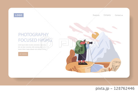 Mountain Tourism concept. Traveler with backpack enjoys mountain scenery while taking photos at sunrise. Adventure, exploration, nature appreciation, and travel inspire outdoor mountain journeys 128762446