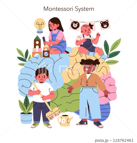 Vector illustration of children participating in Montessori activities, showcasing creativity and practical skills. Features a girl building blocks and a boy cleaning with a broom, surrounded by 128762461