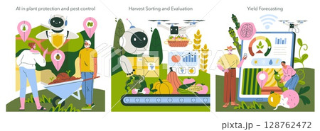 Vector illustration of AI in agriculture showing pest control, harvest sorting, and yield forecasting. Robots and drones assist farmers in monitoring crops and analyzing data for better outcomes. 128762472