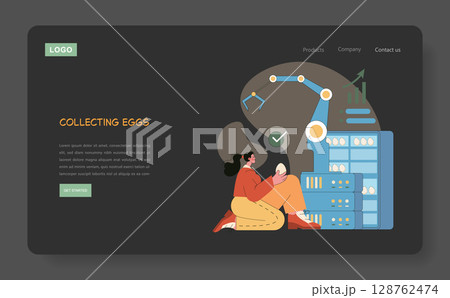Egg Farm illustration concept. This artwork presents a modern egg collection process, showcasing manual and automated methods in a farm setting. It emphasizes efficiency and innovation in agriculture 128762474