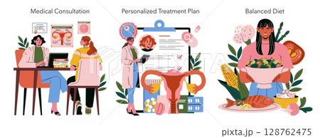 Vector illustration featuring women engaged in a holistic health journey through medical consultation, personalized treatment plans, and balanced diet for overall wellness and vitality. 128762475