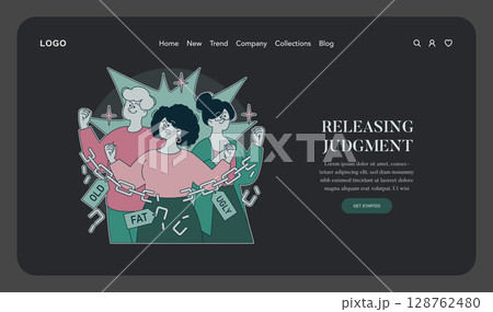 Psychology Of Self Acceptance concept. Three people break free from chains labeled with negative judgments, representing the journey of letting go of harmful self-talk and embracing inner worth 128762480