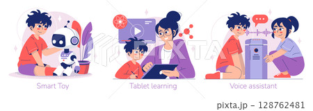 Vector illustration depicting children interacting with a smart toy robot, learning on tablets, and using a voice assistant. Captures technology interaction and educational engagement. 128762481