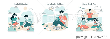 Set of three vector illustrations showcasing different beach activities. A pair collects seashells, a person journals by the shore, and a group practices yoga during sunset. Each scene captures 128762482