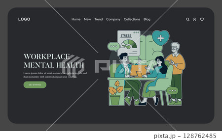 Vector illustration of three colleagues discussing workplace mental health while using a laptop. Includes stress levels and healthcare symbols to represent mental well-being. 128762485
