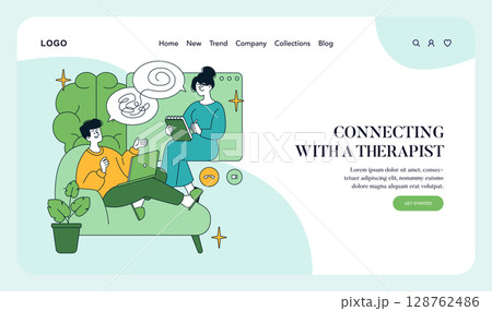 Vector illustration of an online therapy session with a man and a therapist on a video call. The man is sitting on a couch with a laptop, visually engaged, while the therapist takes notes. Vector illustration of an online therapy session with a man and a therapist on a video call. The man is sitting on a couch with a laptop, visually engaged, while the therapist takes notes. 128762486
